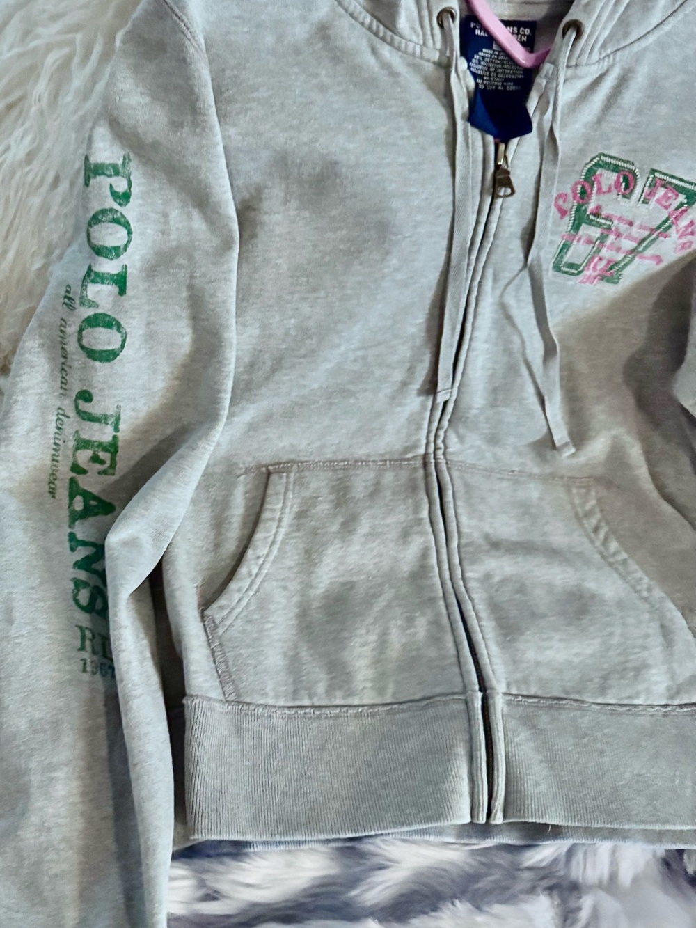 Vintage Polo Jeans Co. Light Gray Zip-Up Hoodie with Green & Pink Accents Jr XL